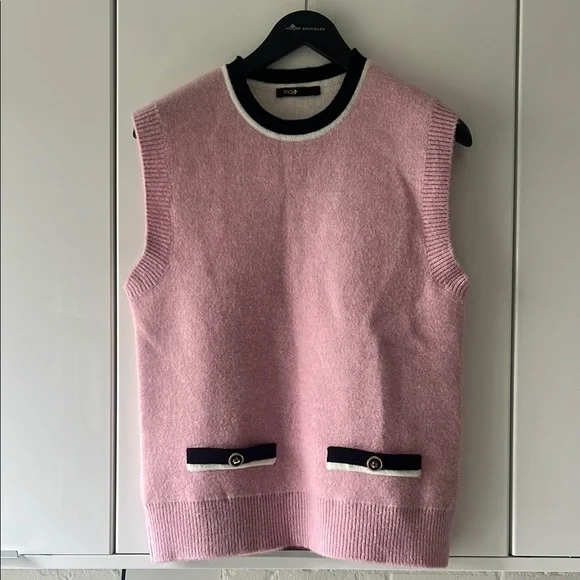 NEW! Maje Pink Sleeveless Sweater Vest with Navy Blue Trim - Picture 1 of 8